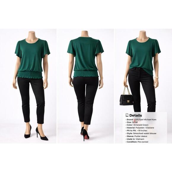 Michael Kors Tops - Michael Kors Women’s Green Blouse Size S Flutter Sleeve Smocked Waist Stretch Ca